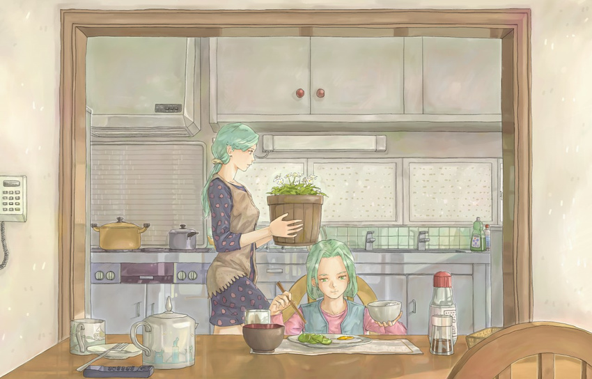 1boy blue_dress bottle bowl chair chopsticks commentary_request cup dress female fish_grill flower_pot food green_eyes green_hair holding holding_chopsticks jojo_no_kimyou_na_bouken kawajiri_hayato kawajiri_shinobu kitchen mother_and_son mug phone plant plate ponytail potted_plant sink stove table teapot vest yomogiomochi