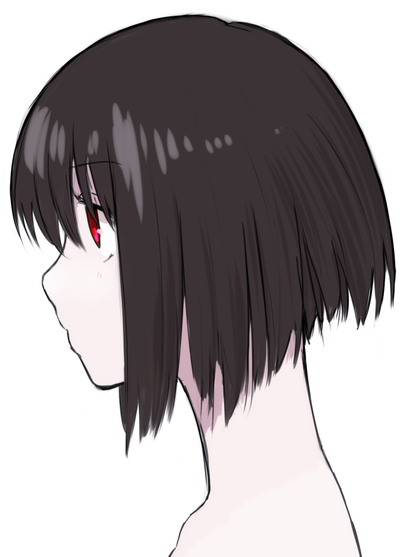 bob_cut brown_hair closed_mouth commentary_request expressionless female from_side hana_(yuta) highres inverted_bob monster_girl nude original portrait profile red_eyes shokushi_yuu short_hair simple_background solo white_background