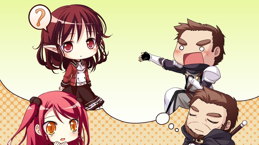 1boy 2girls cape chibi closed_eyes game_cg hinomiya_ayari ko~cha kurauchi_joji long_hair multiple_girls o_o red_eyes red_hair sword weapon witch's_garden yellow_eyes