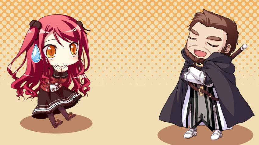 1boy cape chibi closed_eyes female game_cg hinomiya_ayari ko~cha kurauchi_joji long_hair red_hair sword weapon witch's_garden yellow_eyes