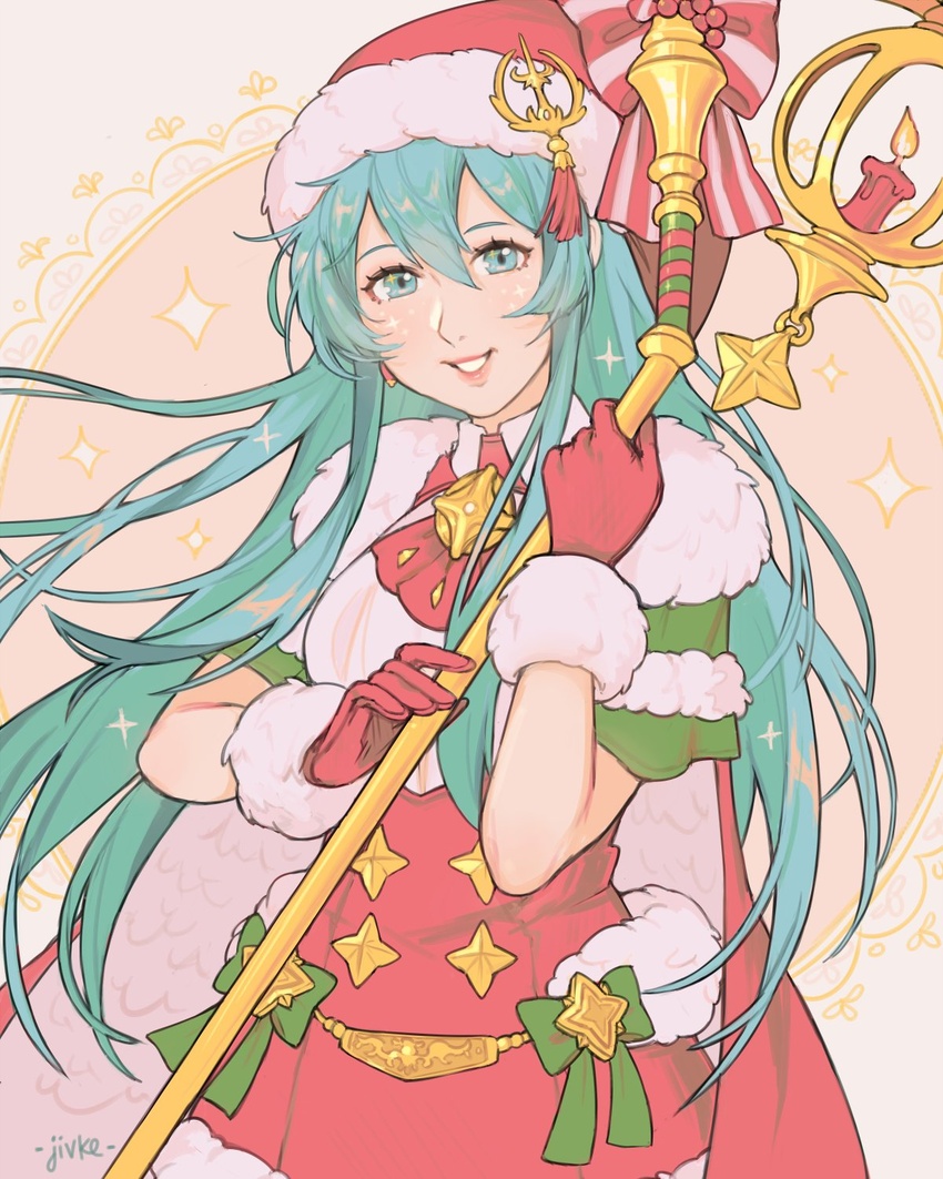 aqua_hair bell blush cape capelet christmas christmas_tree commentary dress eirika_(fire_emblem) eirika_(winter)_(fire_emblem) english_commentary female fire_emblem fire_emblem:_the_sacred_stones fire_emblem_heroes fur_trim gift gloves hat highres jivke long_hair looking_at_viewer merry_christmas red_dress red_gloves sack santa_costume santa_hat smile solo staff thighhighs