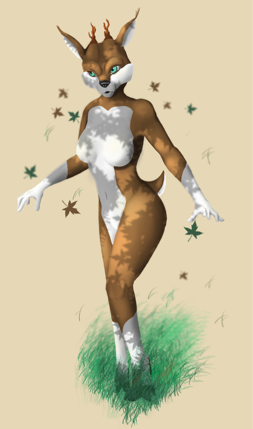 5_fingers absurd_res antlers breasts deer falling_leaves featureless_breasts featureless_crotch female fingers grass green_eyes hi_res horn kaislair leaf mammal navel nude outside plant solo standing