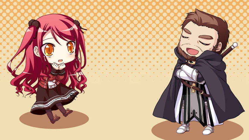 1boy cape chibi closed_eyes female game_cg hinomiya_ayari ko~cha kurauchi_joji long_hair red_hair sword weapon witch's_garden yellow_eyes