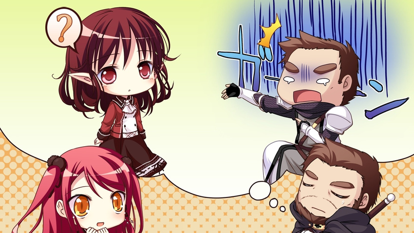 1boy 2girls cape chibi closed_eyes game_cg hinomiya_ayari ko~cha kurauchi_joji long_hair multiple_girls o_o red_eyes red_hair sword weapon witch's_garden yellow_eyes