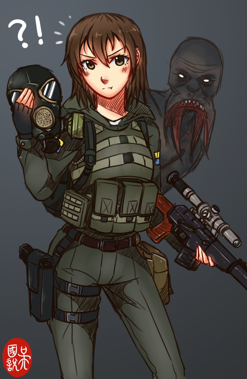 :t bloodsucker brown_hair can't_be_this_cute chinese_commentary commentary_request female fingerless_gloves gas_mask gloves green_eyes gun handgun highres holding holding_gun holding_weapon holster holstered load_bearing_vest mask monster ndtwofives rifle short_hair simple_background sniper_rifle stalker_(game) ukrainian_flag vss_vintorez weapon