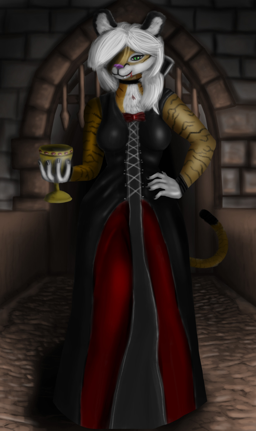 absurd_res alternative_fashion anthro blood bodily_fluids breasts clothing felid female goth green_eyes hair hi_res holding_object kaislair mammal pantherine solo tiger vampire victorian_goth white_hair