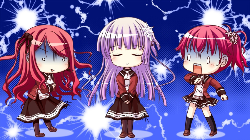 3girls chibi closed_eyes game_cg hinomiya_ayari konno_koharu ko~cha long_hair multiple_girls o_o purple_hair red_hair witch's_garden yukimura_suzuno