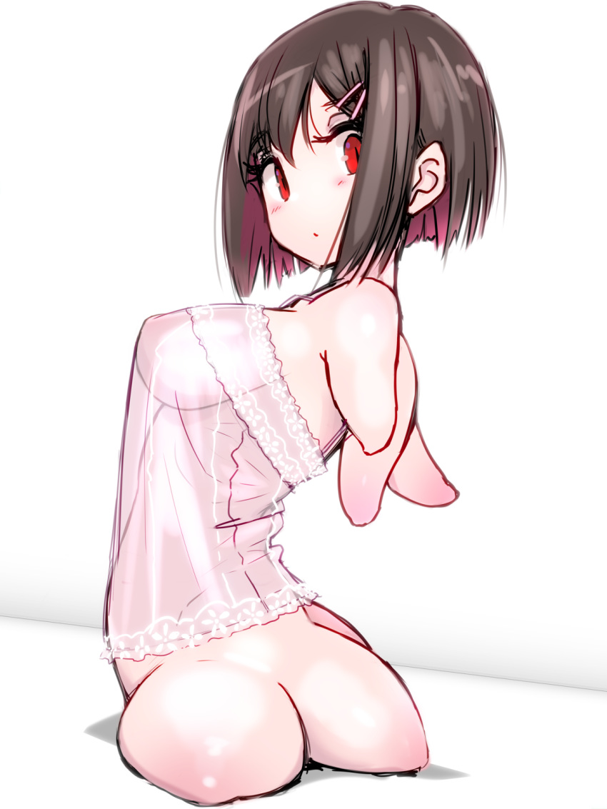 amputee bare_shoulders blush breasts brown_hair closed_mouth commentary_request dutch_angle female from_behind hair_ornament hairclip hana_(yuta) highres large_breasts lingerie looking_at_viewer looking_back monster_girl original quadruple_amputee red_eyes shokushi_yuu short_hair simple_background slit_pupils solo underwear white_background