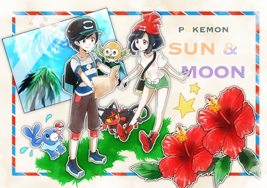 1boy backpack bag bare_legs beanie black_hair commentary_request copyright_name elio_(pokemon) female flower handbag hat hibiscus litten map palm_tree photo_(object) poke_ball pokemon pokemon_(creature) pokemon_sm popplio red_hat rowlet ryukadomatsu selene_(pokemon) shirt shoes short_hair short_shorts shorts sneakers starter_pokemon_trio striped_clothes striped_shirt swept_bangs t-shirt tree