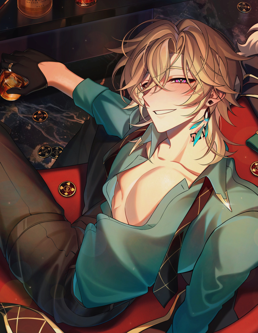 1boy abs absurdres aqua_shirt aventurine_(honkai:_star_rail) black_gloves black_pants blonde_hair blush bottle coin earrings gloves hair_between_eyes highres honkai:_star_rail honkai_(series) jewelry koushuiba long_sleeves looking_at_viewer male_focus multicolored_eyes muscular muscular_male pants pink_eyes shirt short_hair smile solo teeth wine_bottle