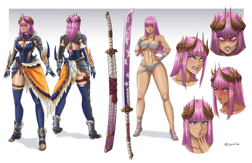 absurdres arm_wrap armor bikini_armor blush boots budget_sarashi charleian closed_mouth expressions female full_body fundoshi gauntlets glowing hair_ornament highres horn_ornament horns japanese_clothes katana leg_wrap long_hair monster_hunter_(character) monster_hunter_(series) multiple_views open_mouth pink_hair sarashi simple_background standing sword thighhighs toeless_footwear toned weapon white_background wrist_blades