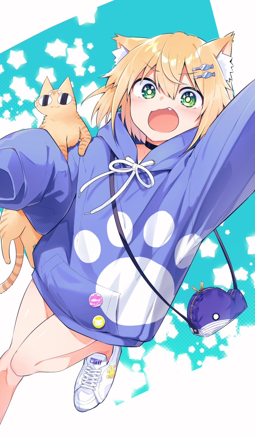 animal_ear_fluff animal_ears aqua_background arm_up bag black_choker blonde_hair blue_hoodie cat_ears cat_girl choker commentary_request female green_eyes hair_between_eyes hair_ornament hairclip highres hood hoodie kamio_fukuchi leg_up oerba_yun_fang open_mouth orange_cat original paw_print shoes short_hair sleeves_past_fingers sleeves_past_wrists sneakers solo starry_background two-tone_background white_background white_footwear