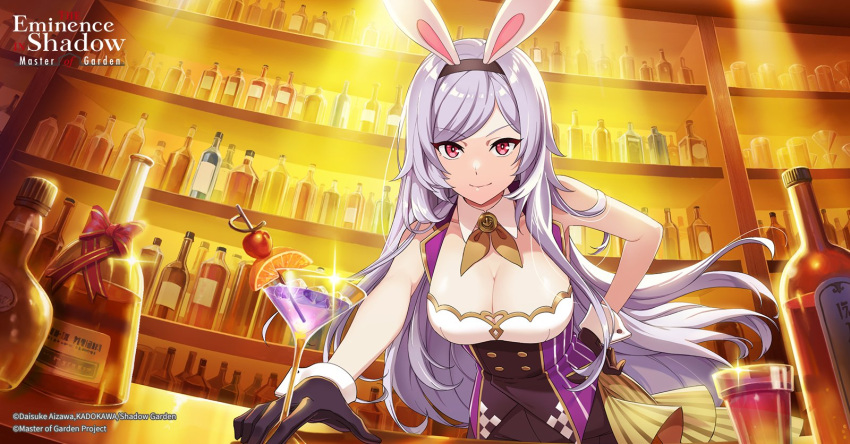 alexia_midgar animal_ears bent_over black_gloves black_hairband bottle breasts cleavage closed_mouth collarbone copyright_name detached_collar english_commentary fake_animal_ears female floating_hair glass gloves grey_hair hairband hand_on_own_hip highres kage_no_jitsuryokusha_ni_naritakute! large_breasts long_hair looking_at_viewer official_art rabbit_ears red_eyes smile solo swept_bangs underbust very_long_hair wrist_cuffs