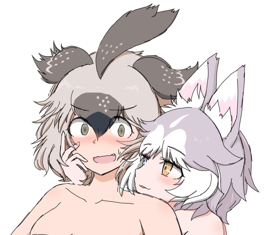 2girls animal_ears arm_around_neck assertive_female behind_another black_hair blue_eyes breasts brown_hair constricted_pupils dog_(mixed_breed)_(kemono_friends) dog_ears greater_roadrunner_(kemono_friends) green_eyes grey_hair hair_between_eyes hand_in_another's_hair hand_on_another's_cheek hand_on_another's_face heterochromia kemono_friends kemono_friends_2 km9kcaxsbjnmmyw light_smile looking_at_another medium_hair multicolored_hair multiple_girls nervous nervous_smile nude oerba_yun_fang open_mouth parted_lips smile two-tone_hair upper_body white_hair yellow_eyes yuri