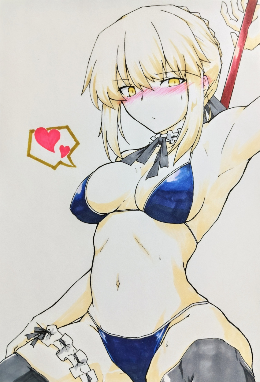 absurdres artoria_pendragon_(alter_swimsuit_rider)_(fate) artoria_pendragon_(fate) bikini black_ribbon black_thighhighs blonde_hair blue_bikini blush breasts choker fate/grand_order fate_(series) female frilled_choker frilled_garter_belt frills hair_ribbon heart highres looking_at_viewer navel rarudo8901 ribbon sidelocks solo speech_bubble spoken_heart swimsuit thighhighs traditional_media