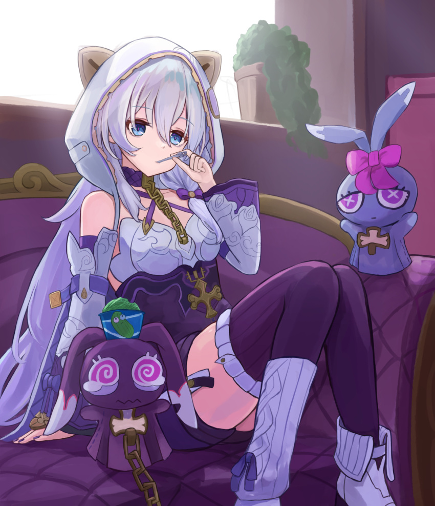 animal_hood bare_shoulders blue_eyes bow cat_hood chain_around_neck chains couch criss-cross_halter detached_sleeves eating female foot_out_of_frame hair_between_eyes hairbow halterneck hand_up highres holding holding_spoon honkai_(series) honkai_impact_3rd hood hood_up ice_cream_cup indoors kosode_(syakoto) long_hair looking_at_viewer on_couch pink_pupils plant potted_plant purple_bow purple_nails purple_thighhighs sitting socks_over_thighhighs solo spoon stuffed_toy sunlight theresa_apocalypse theresa_apocalypse_(schicksal's_imperative) thighhighs white_footwear white_hood white_sleeves window