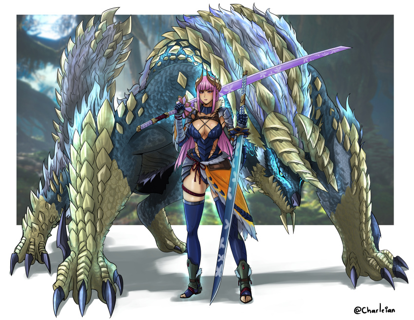 armor blue_eyes breasts charleian claws cleavage dual_wielding electricity female floral_print full_body gauntlets highres holding horn_ornament horns katana long_hair monster monster_hunter_(character) monster_hunter_(series) pink_hair reverse_bikini_armor reverse_outfit scales spiked_tail sword tail teeth thighhighs tiara weapon zinogre zinogre_(armor)