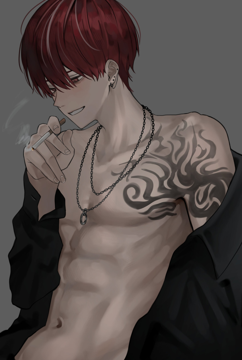 1boy absurdres akanei6no_sora arm_tattoo black_shirt cigarette earrings grey_background highres holding holding_cigarette jewelry male_focus multicolored_hair muscular muscular_male navel necklace open_clothes open_shirt original red_eyes red_hair shirt short_hair smile smoke solo stomach tattoo teeth white_hair