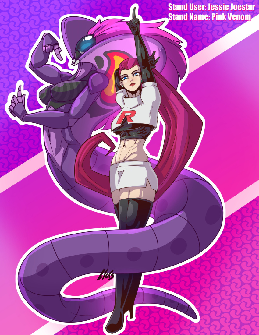 absurdres arbok black_gloves blue_eyes crop_top earrings female gloves hair_slicked_back highres jessie_(pokemon) jewelry jojo_no_kimyou_na_bouken lluisabadias long_hair midriff navel pokemon pokemon_(creature) red_hair skirt snake_tail stand_(jojo) tail team_rocket team_rocket_uniform thighhighs