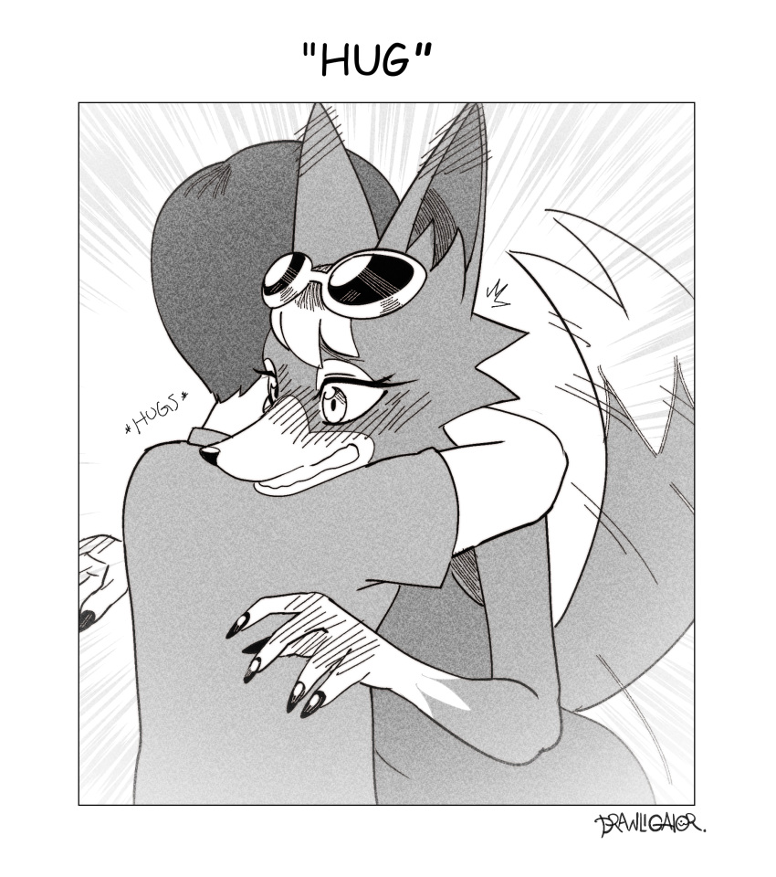 5_fingers animal_crossing anthro audie_(animal_crossing) blush blush_lines canid canine canis clothed clothing dipstick_tail drawligator duo eyewear eyewear_on_head female fingers hair hi_res hug human male mammal markings monochrome nintendo signature sunglasses sunglasses_on_head tail tail_markings villager_(animal_crossing) wolf