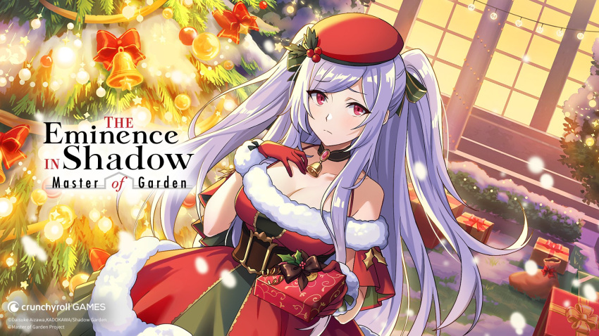 alexia_midgar bell bow box breasts christmas christmas_tree cleavage closed_mouth copyright_name dress english_commentary female floating_hair fur-trimmed_dress fur-trimmed_gloves fur_trim gift gift_box gloves green_bow hairbow hat highres holding holding_box kage_no_jitsuryokusha_ni_naritakute! large_breasts long_hair looking_at_viewer neck_bell off-shoulder_dress off_shoulder official_art purple_hair red_dress red_eyes red_gloves red_hat santa_gloves short_dress snowing solo swept_bangs twintails very_long_hair