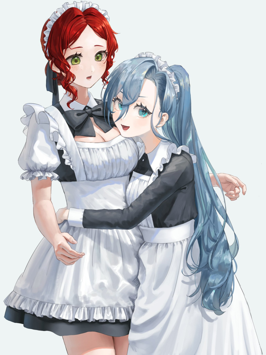 2girls 37_(reverse:1999) :d apron arm_around_waist black_bow black_bowtie black_dress black_ribbon blue_eyes blue_hair bow bowtie breast_pillow breasts cleavage cleavage_cutout clothing_cutout collared_dress cowboy_shot dress drill_hair drill_sidelocks freckles green_eyes hair_bun hair_ribbon head_on_chest highres hug long_hair long_sleeves looking_at_another looking_at_viewer looking_down maid maid_headdress medium_breasts multiple_girls open_mouth ponytail puffy_short_sleeves puffy_sleeves red_hair reverse:1999 ribbon short_dress short_hair short_sleeves sidelocks smile sophia_(reverse:1999) ttsuke white_apron white_background