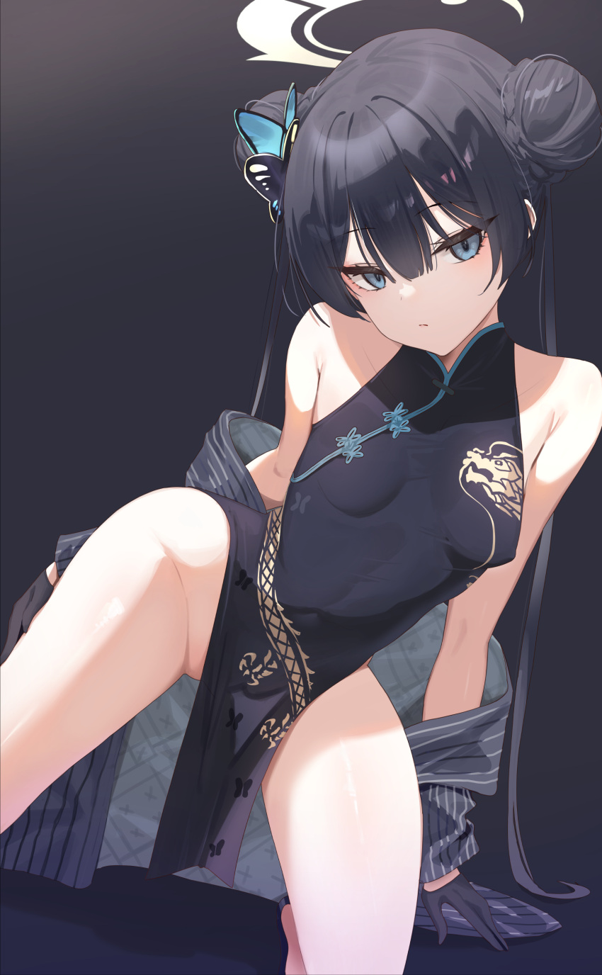 absurdres bare_shoulders black_dress black_gloves black_hair blue_archive braid braided_bun breasts butterfly_hair_ornament china_dress chinese_clothes commentary covered_navel covered_nipples double_bun dragon_print dress female gloves grey_background grey_eyes grey_halo hair_bun hair_ornament halo highres jacket kakumayu kisaki_(blue_archive) kneeling long_hair no_panties open_clothes open_jacket pelvic_curtain pinstripe_jacket pinstripe_pattern print_dress pussy pussy_peek simple_background sleeveless sleeveless_dress small_breasts solo striped_clothes striped_jacket twintails two-sided_fabric vertical-striped_clothes vertical-striped_jacket