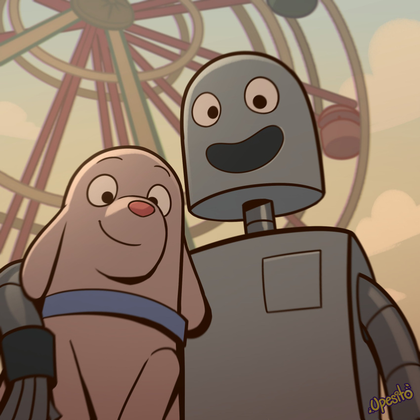 amusement_park anthro arm_around_shoulders brown_body brown_fur canid canine canis collar dog_(robot_dreams) domestic_dog duo floppy_ears fur grey_body hi_res machine male male/male mammal robot robot_(robot_dreams) robot_dreams smile upesito