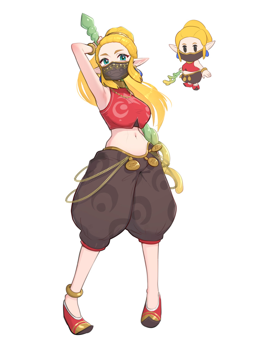 absurdres alternate_costume arabian_clothes arm_up baggy_shorts black_veil blonde_hair blue_eyes brown_shorts chibi crop_top earrings female gold_anklet gold_trim gonzarez highres holding holding_staff jewelry long_hair looking_at_viewer midriff mouth_veil navel pointy_ears pointy_footwear ponytail princess_zelda red_footwear red_shirt shirt shorts simple_background sleeveless sleeveless_shirt staff the_legend_of_zelda the_legend_of_zelda:_echoes_of_wisdom tri_rod veil white_background