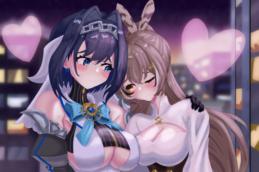 2girls absurdres black_gloves black_hair black_sleeves blue_bow blue_bowtie blue_eyes blush bow bow_earrings bowtie breasts brooch brown_hair buttons chain_headband chains cleavage cleavage_cutout clothing_cutout crop_top detached_sleeves earrings feather_hair_ornament feathers fyretrck26 gloves hair_intakes hair_ornament hand_on_another's_shoulder heart heart_brooch highres hololive hololive_english jewelry large_breasts letter_hair_ornament long_hair multiple_girls nanashi_mumei nanashi_mumei_(1st_costume) one_eye_closed ouro_kronii ouro_kronii_(1st_costume) shirt short_hair smile virtual_youtuber white_shirt yellow_eyes yuri