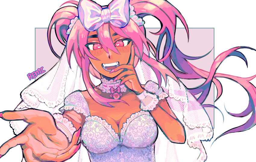 artist_name blush border bow bowtie breasts bright_pupils cleavage dark-skinned_female dark_skin dress fangs female fingernails foreshortening hairbow hand_on_own_cheek hand_on_own_face hand_up heart heart-shaped_pupils highres index_finger_raised lace-trimmed_dress lace-trimmed_sleeves lace-trimmed_veil lace-trimmed_wrist_cuffs lace_trim long_hair looking_at_viewer medium_breasts nail_polish official_alternate_costume omori open_mouth outside_border pink_background pink_bow pink_bowtie pink_eyes pink_hair pink_nails reaching reaching_towards_viewer remi_(mozzaremi) sharp_fingernails short_sleeves simple_background smile sweetheart_(omori) symbol-shaped_pupils teeth tongue twintails upper_body very_long_hair wedding_dress white_border white_bow white_dress white_pupils white_veil white_wrist_cuffs wrist_cuffs