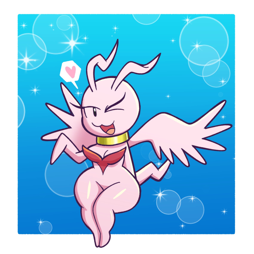 anthro bandai_namco breasts collar digimon digimon_(species) el_senor_erizo eyelashes female heart_symbol hi_res looking_at_viewer marineangemon one_eye_closed open_mouth pink_body smile solo tail wide_hips wings wink