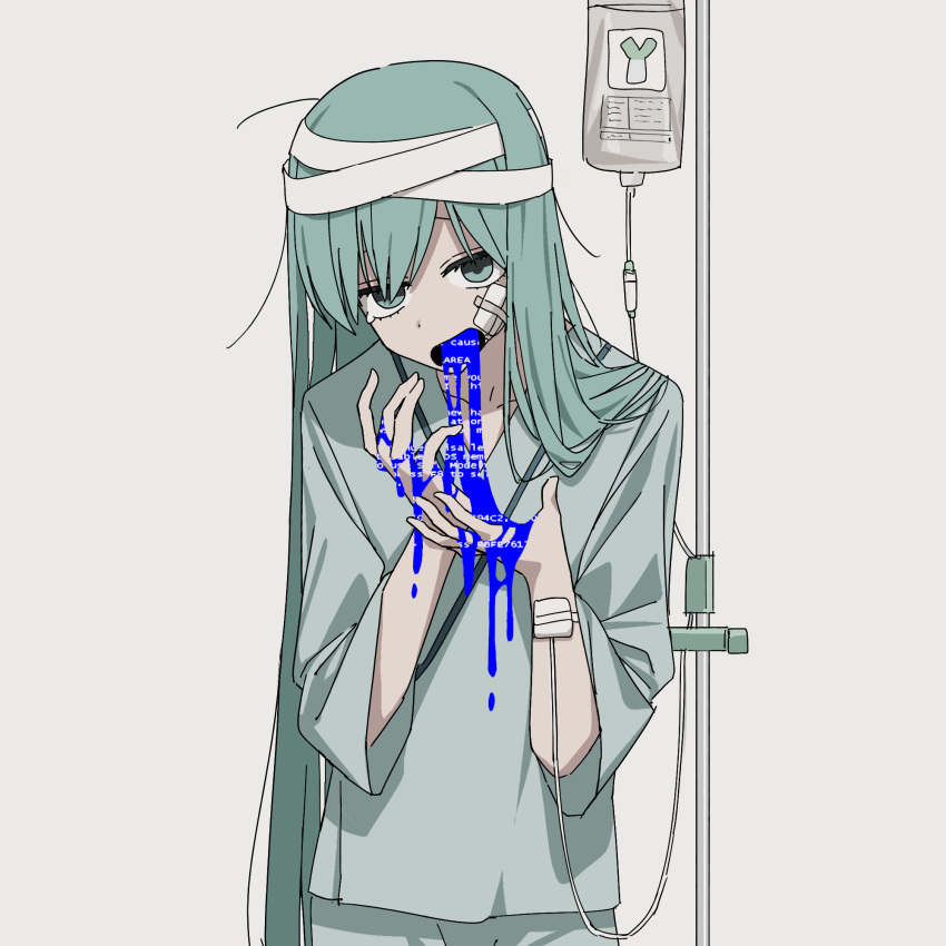 bandaged_head bandages bandaid bandaid_on_face blue_eyes blue_hair blue_screen_of_death channel_(caststation) female hair_down hatsune_miku highres hospital_gown intravenous_drip iv_stand long_hair simple_background solo very_long_hair vocaloid vomit vomiting white_background