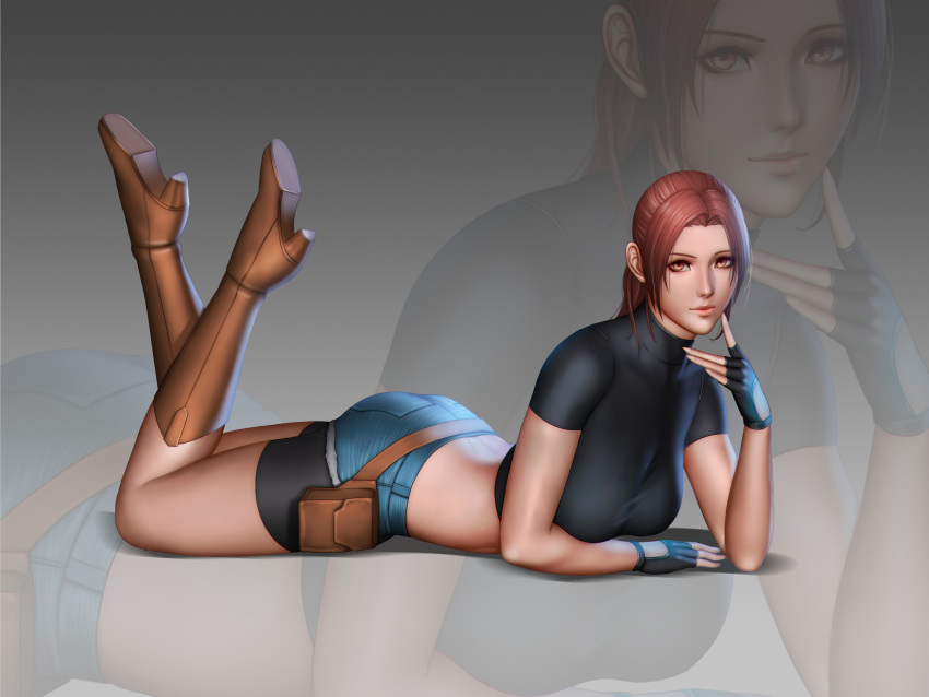 1girls arched_back ass audia_pahlevi boots breasts capcom claire_redfield clothed denim_shorts deviantart female female_only gradient_background head_up heels lying_on_stomach pose resident_evil resident_evil_2 solo uncensored zoom_layer