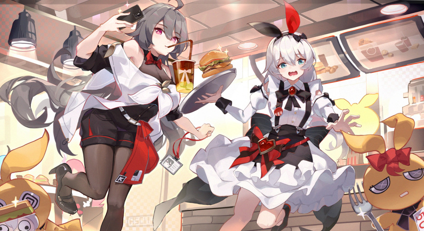 2girls @_@ ahoge animal_ears apron asc11 bare_legs black_apron black_footwear black_pantyhose black_ribbon black_shirt black_shorts blue_eyes breasts burger ceiling_light dress drinking drinking_straw fake_animal_ears food fork grey_hair high_heels highres holding holding_fork holding_phone holding_plate homu_(honkai_impact) honkai_(series) honkai_impact_3rd indoors kfc large_breasts long_hair long_sleeves meme monitor multiple_girls open_mouth pantyhose phone plate puffy_long_sleeves puffy_sleeves purple_eyes rabbit_ears restaurant ribbon shirt shorts smile teri_derp_(meme) theresa_apocalypse theresa_apocalypse_(kfc)_(honkai_impact) vita_(honkai_impact) vita_(kfc)_(honkai_impact) white_dress white_hair