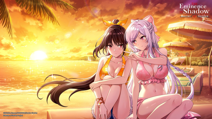 2girls alexia_midgar bare_arms bare_legs beach bikini bikini_top_only blue_shorts blush bow bracelet braid breasts brown_hair character_request cheek_poking cleavage closed_mouth copyright_name day denim denim_shorts dusk english_commentary floating_hair frilled_bikini frills hairbow high_ponytail highres index_finger_raised jewelry kage_no_jitsuryokusha_ni_naritakute! large_breasts long_hair looking_at_another multiple_girls official_art outdoors pink_bikini pink_bow poking red_eyes sarong short_shorts shorts smile sparkle swept_bangs swimsuit very_long_hair white_hair yellow_bikini yellow_bow