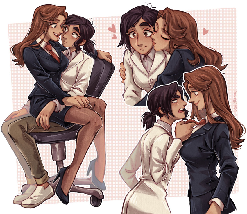 2girls brett_hand brown_hair chair dark-skinned_female dark_skin genderswap_(mtf) heart highres holding_necktie inside_job kissing kissing_cheek lab_coat long_hair miniskirt multiple_girls necktie office_chair on_chair pantyhose reagan_ridley red_hair red_necktie rule_63 sadelionne sitting sitting_on_lap sitting_on_person skirt suit swivel_chair yuri