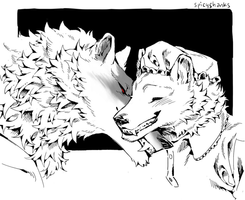 affectionate anthro big_bad_wolf_(shrek) black_and_white blush canid canine canis cheek_tuft clothing death_(puss_in_boots) detailed detailed_fur dreamworks duo facial_markings facial_tuft fangs fluffy fur fuzzy grin hat head_markings headgear headwear intraspecies love male male/male mammal markings mask_(marking) monochrome narrowed_eyes neck_tuft nightcap nightgown nuzzling portrait puss_in_boots_(dreamworks) red_eyes romantic romantic_couple scribbleshanks shrek_(series) signature simple_background size_difference smile teeth tuft wolf