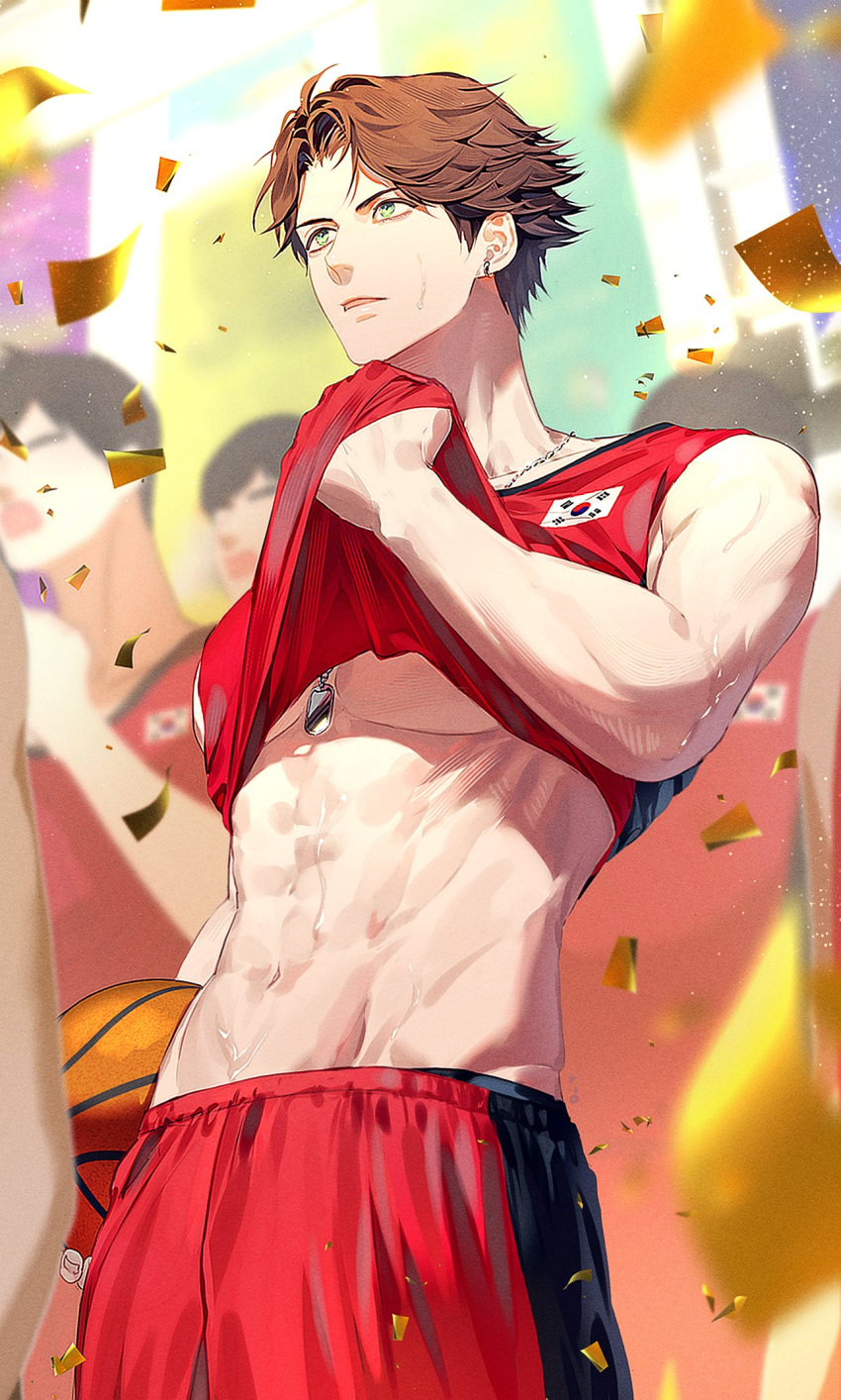 1boy 6uoou abs arm_up ball bare_shoulders basketball basketball_uniform brown_hair clothes_lift commentary confetti cowboy_shot dog_tags groin highres looking_ahead male_focus min_suha multicolored_clothes multicolored_shorts nijisanji nijisanji_kr parted_lips pectorals people shirt_lift short_hair shorts solo sportswear sweat sweatdrop symbol-only_commentary