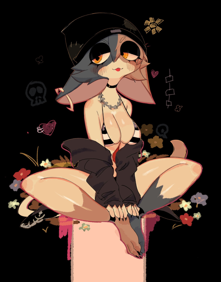 :3 :p animal_ears ankle_strap bare_shoulders barefoot beanie bikini black_background black_bikini black_choker black_eyeshadow black_fur black_hat blush body_fur breasts brown_fur brown_jacket butterfly_sitting calico cat_ears choker cleavage closed_mouth collarbone commentary earrings english_commentary eyeshadow female flower fortnite full_body furry furry_female hair_between_eyes hat heart highres jacket jewelry long_sleeves looking_to_the_side makeup medium_breasts meow_skulls multicolored_fur necklace off_shoulder orange_eyes sitting skull solo striped_bikini striped_clothes swimsuit tongue tongue_out usa37107692 v-shaped_eyebrows white_fur