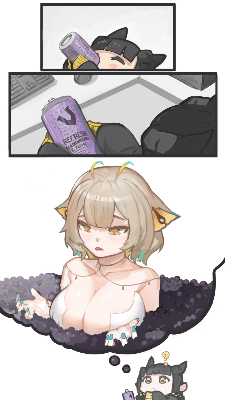 absurdres animal_ears black_border blunt_bangs border breasts brown_hair can cleavage drink_can english_commentary female fingernails green_nails highres large_breasts paintrfiend sanagi_yuzu short_hair soda_can yellow_eyes