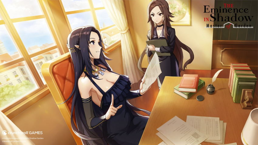 2girls black_choker black_dress black_hair black_jacket black_sleeves book breasts brown_eyes brown_hair choker cleavage closed_mouth copyright_name crunchyroll detached_sleeves dress english_commentary eye_contact gamma_(kage_no_jitsuryokusha_ni_naritakute!) grin head_tilt highres holding index_finger_raised indoors jacket jewelry kage_no_jitsuryokusha_ni_naritakute! large_breasts long_hair long_sleeves looking_at_another miniskirt multiple_girls necklace nu_(kage_no_jitsuryokusha_ni_naritakute!) official_art parted_bangs sitting skirt sleeveless sleeveless_dress smile standing very_long_hair white_skirt