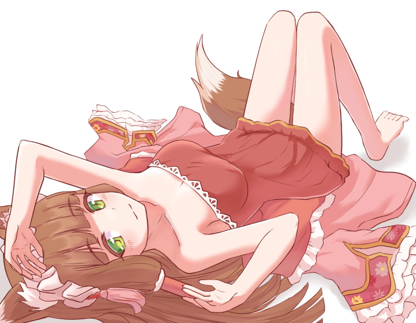 animal_ears apron blush breasts collarbone female fox_ears fox_girl fox_tail frilled_hairband frills full_body green_eyes hairband kappougi light_brown_hair long_hair looking_at_viewer maho_(princess_connect!) maho_(summer)_(princess_connect!) medium_breasts neptunefrontier princess_connect! sidelocks smile solo tail unworn_clothes very_long_hair