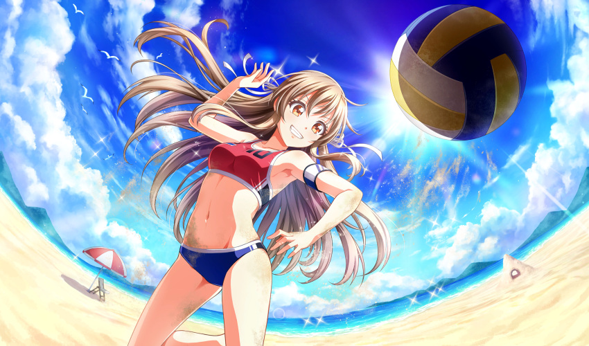 arm_up ball beach beach_chair beach_umbrella beach_volleyball bikini bird blue_sky brown_hair cinderella_series cloud dirty feet_out_of_frame female fisheye game_cg grin hachigatsu_no_cinderella_nine hair_ribbon highres light_rays long_hair looking_at_object mountainous_horizon multicolored_bikini multicolored_clothes navel non-web_source ocean official_art orange_eyes outdoors playing_sports ribbon seagull shiina_yukari_(hachigatsu_no_cinderella_nine) sky smile solo sparkle sunbeam sunlight swimsuit teeth umbrella v-shaped_eyebrows volleyball_(object) white_ribbon