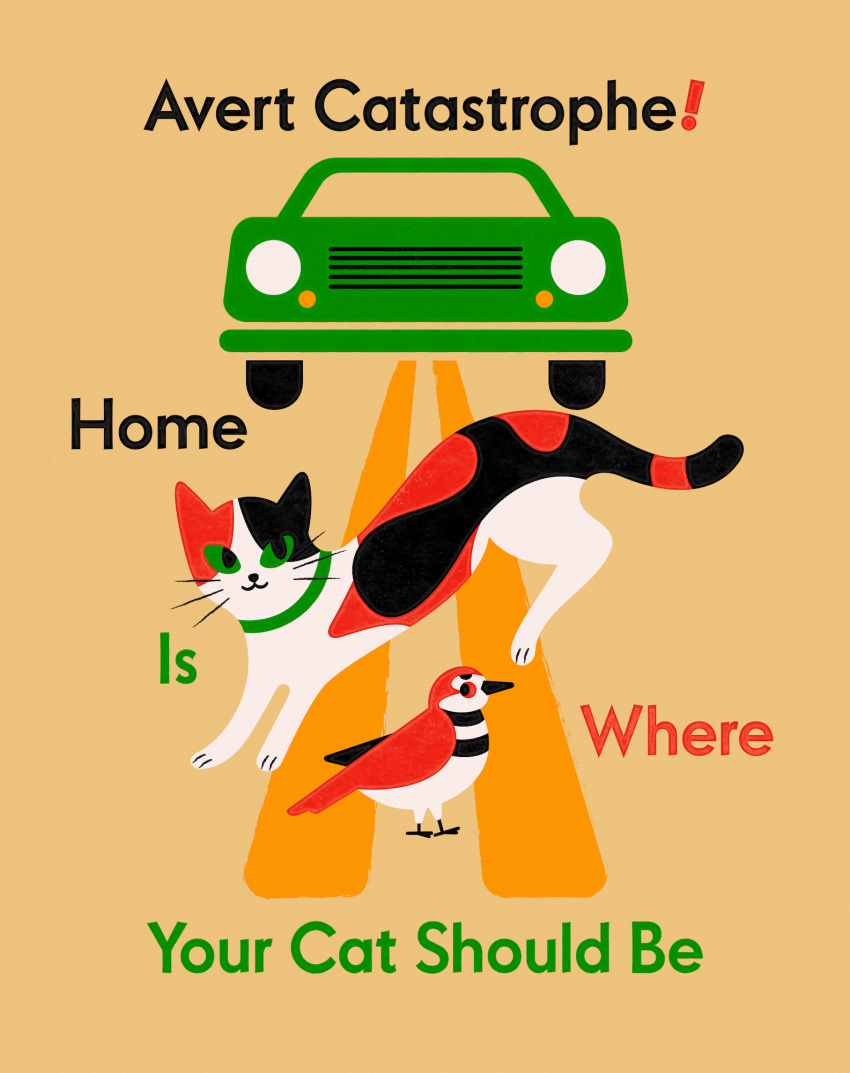 alex_tomlinson ambiguous_gender avian beak biped bird car domestic_cat duo english_text felid feline felis feral green_eyes hi_res mammal public_service_announcement quadruped tail text vehicle whiskers