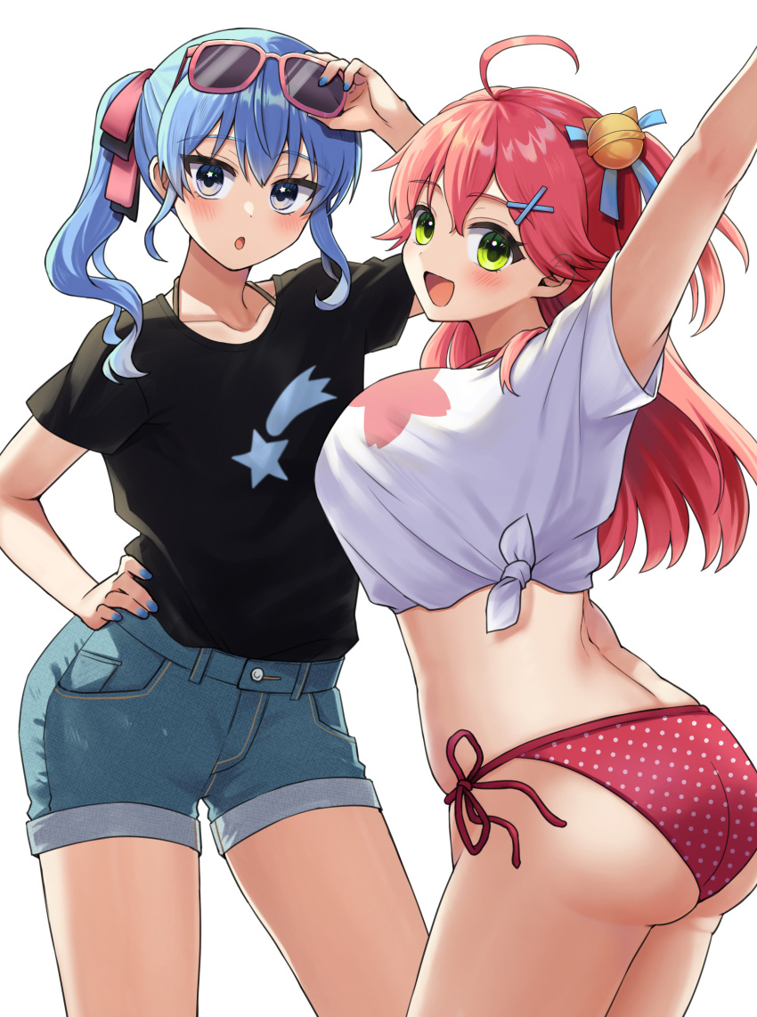 2girls absurdres ahoge arm_up bell blue_eyes blue_hair blue_nails blush breasts green_eyes hand_up highres hololive hoshimachi_suisei jingle_bell large_breasts micomet_(hololive) multiple_girls open_mouth pink_hair sakura_miko shirt shorts smile star_(symbol) star_in_eye sunglasses swimsuit symbol_in_eye tying unkai_amane virtual_youtuber