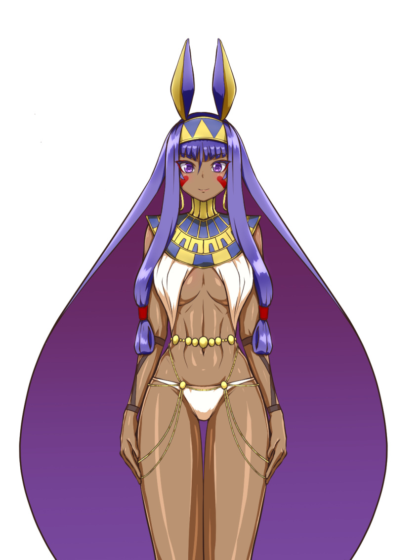 ancient_egyptian ancient_egyptian_clothes animal_ears arms_at_sides breasts commission dark-skinned_female dark_skin facial_mark fate/grand_order fate_(series) female highres jackal_ears long_hair looking_at_viewer medium_breasts navel nitocris_(fate) pixiv_commission purple_eyes purple_hair sachisuki_gyoko shiny_skin smile solo straight-on usekh_collar variant_set very_long_hair white_background