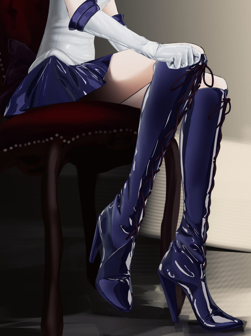 absurdres bishoujo_senshi_sailor_moon blue_footwear blue_skirt boots chair commission elbow_gloves female gloves head_out_of_frame high_heel_boots high_heels highres knee_boots laces leotard magical_girl miniskirt nashi_(tw_nasi) pixiv_commission sailor_saturn sailor_senshi_uniform shiny_clothes shiny_footwear shiny_skirt sitting skirt solo thighs tomoe_hotaru white_gloves white_leotard