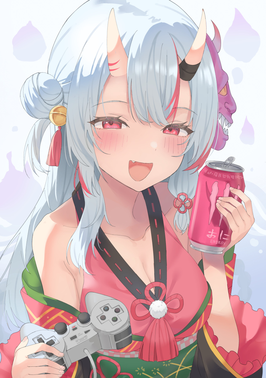 :d absurdres bell blush can controller doyagao energy_drink female game_controller hair_bell hair_between_eyes hair_bun hair_ornament highres holding holding_can holding_controller holding_game_controller hololive horns japanese_clothes jingle_bell kimono long_hair looking_at_viewer mahou_io mask mask_on_head multicolored_hair nakiri_ayame oerba_yun_fang oni oni_mask open_mouth simple_background skin-covered_horns smile smug solo streaked_hair virtual_youtuber