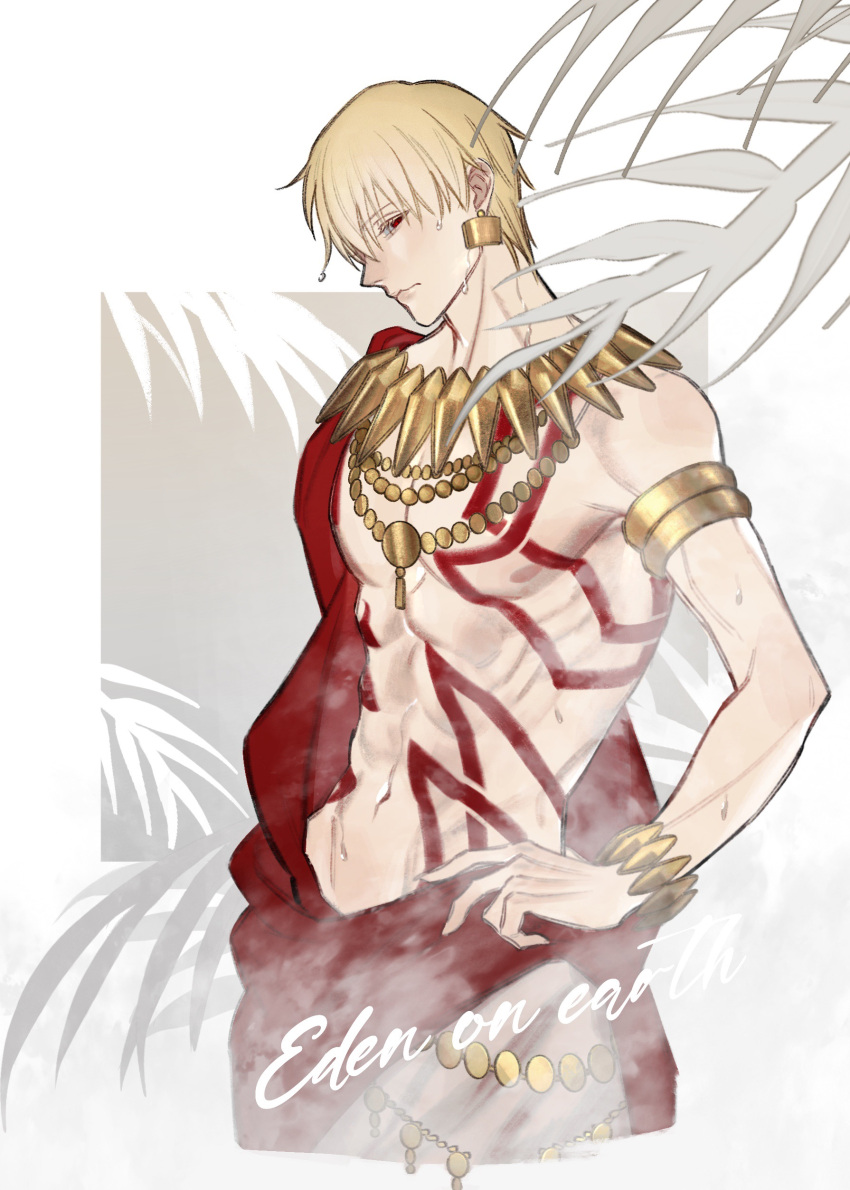 1boy absurdres blonde_hair bracelet chest_tattoo commentary_request cowboy_shot earrings fate/grand_order fate_(series) gilgamesh_(fate) gold_armlet gold_bracelet gold_earrings gold_necklace grey_background hand_on_own_hip highres jewelry looking_at_viewer male_focus navel necklace nipples palm_leaf profile raisakaki01 red_eyes red_sash sash short_hair solo tattoo toned toned_male topless_male wet wet_hair